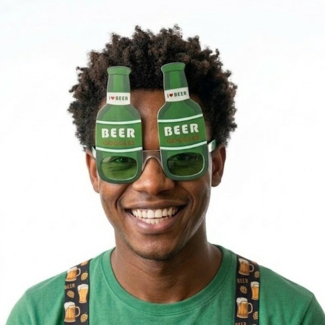 Person wearing novelty beer goggles with green bottles.