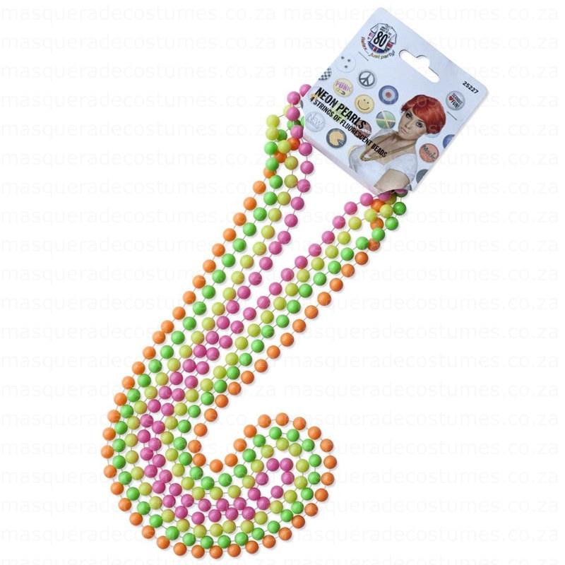 A colorful neon bead necklace with orange, green, pink beads.