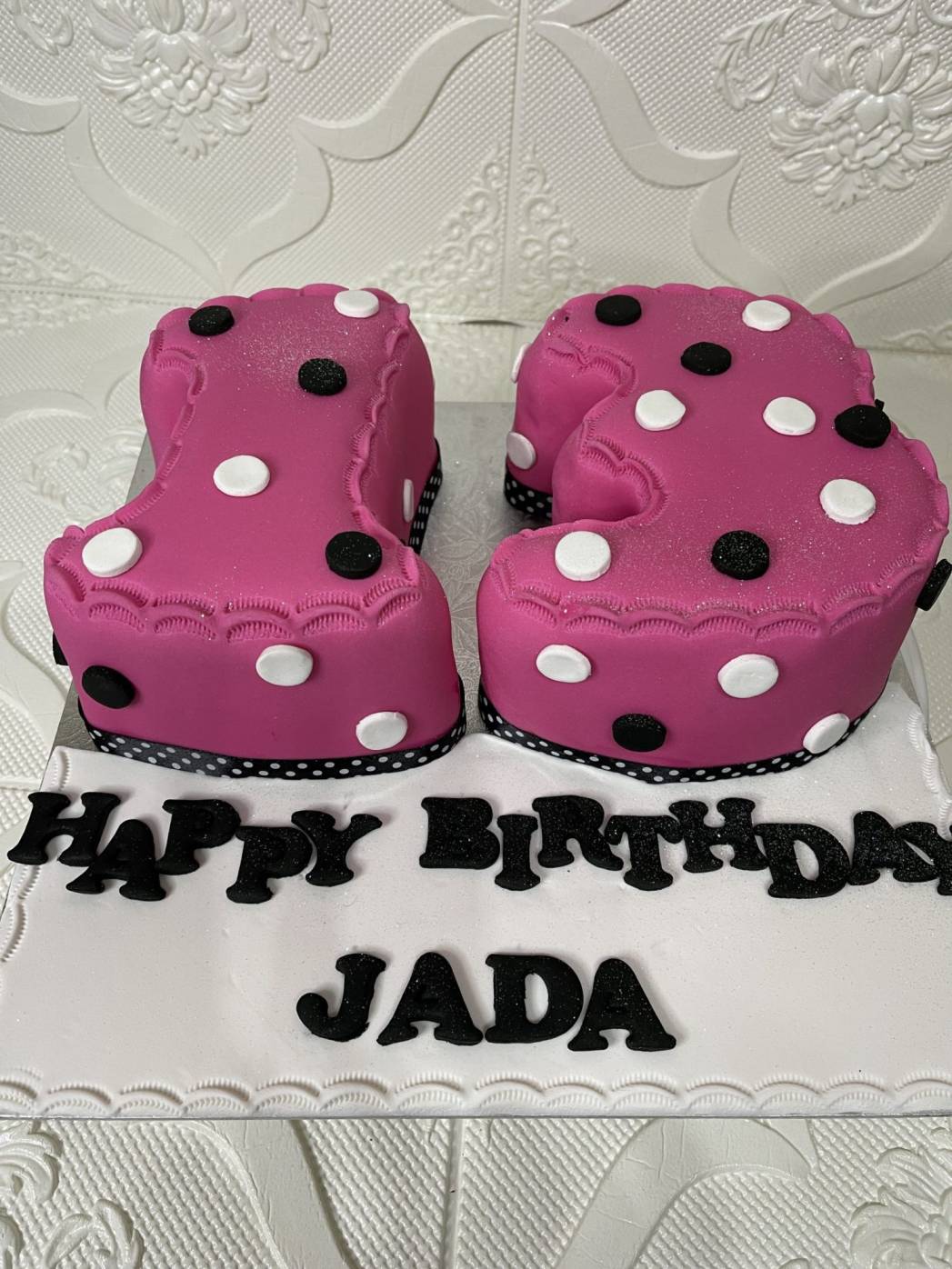 Number 36 birthday cake with pink and black design