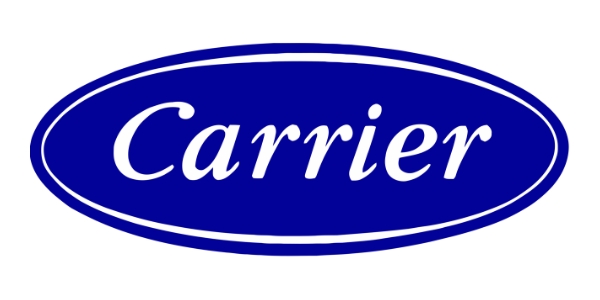 Carrier logo in blue oval with cursive white text