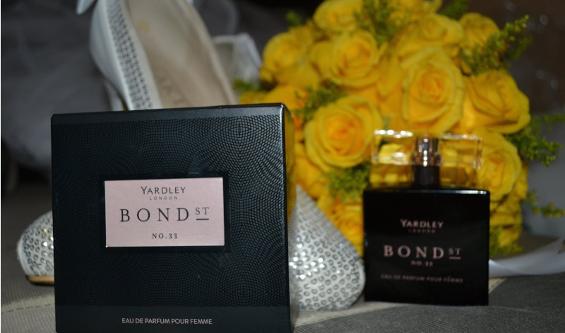 Yardley perfume box and bottle with yellow roses and shoes
