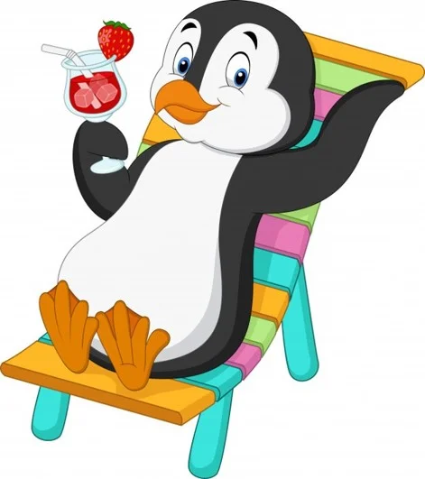 A cartoon penguin lounging with a drink on a deck chair.