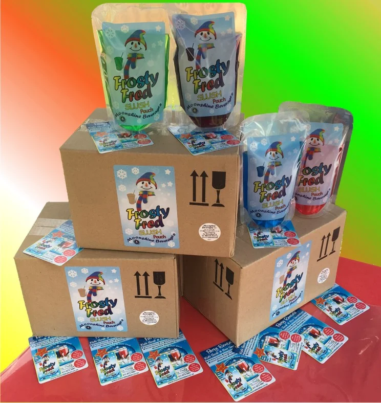 Boxes of Frosty Fred slush flavours with flavour cards