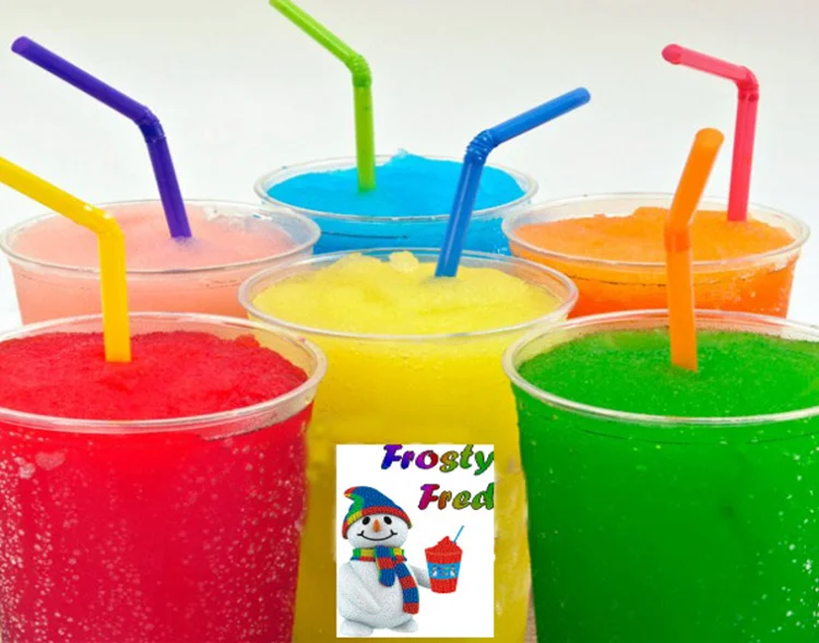 Colorful slush drinks with straws and Frosty Fred logo