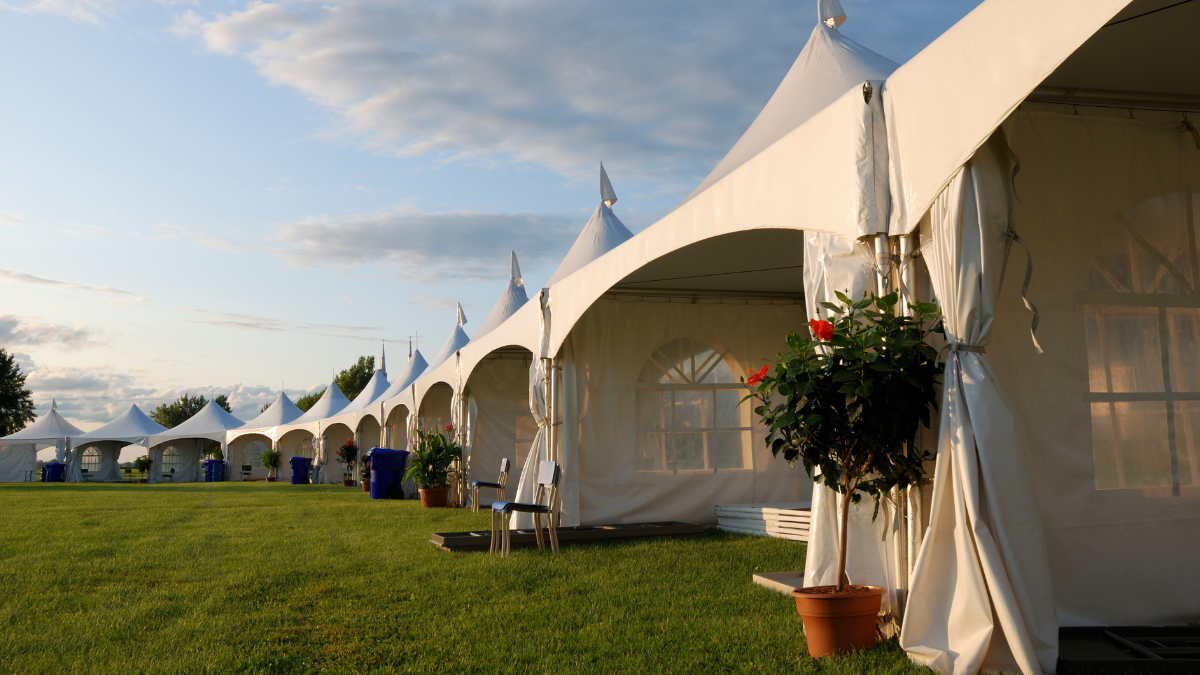 Row of white marquees set up on grass