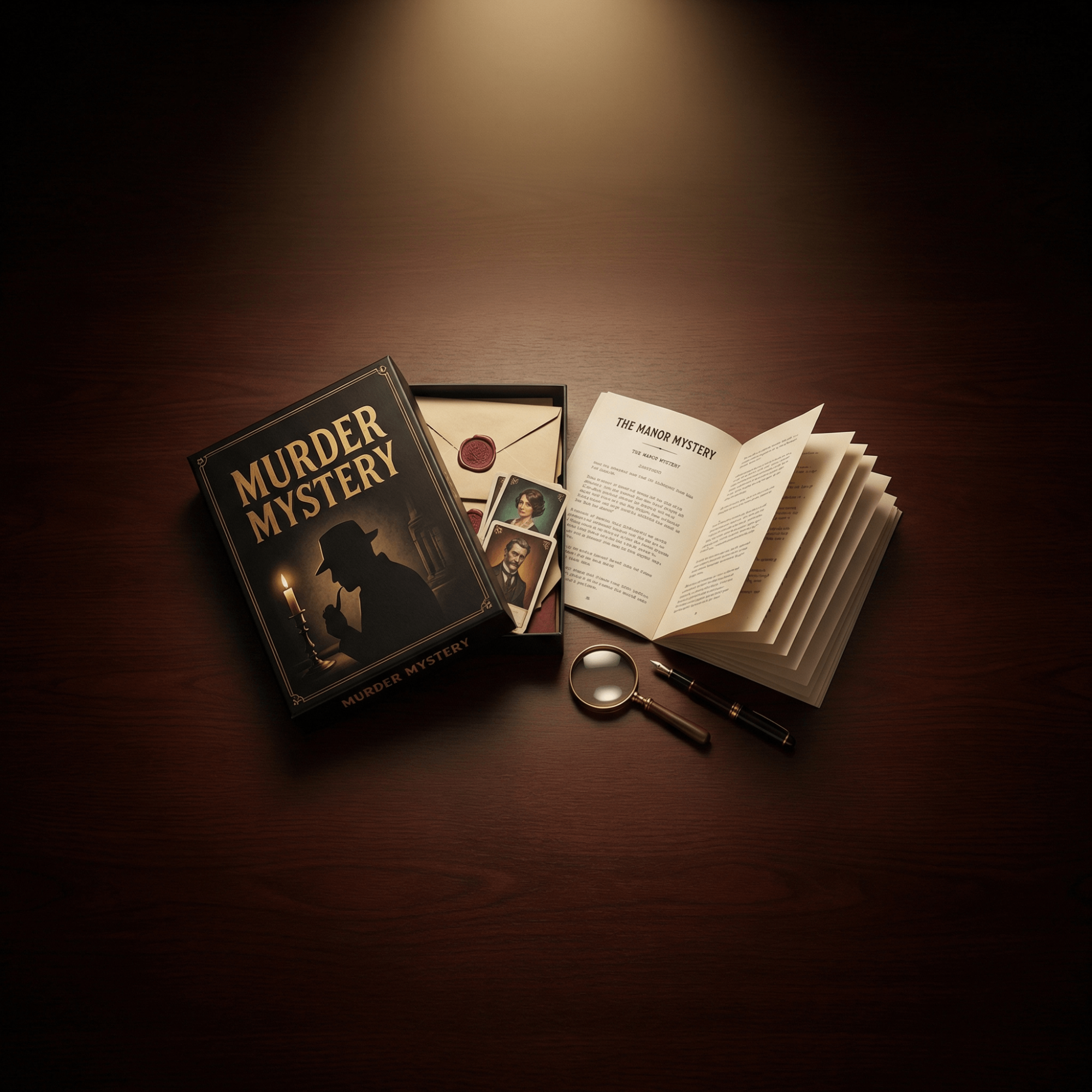 Murder mystery kit with book, documents, and accessories