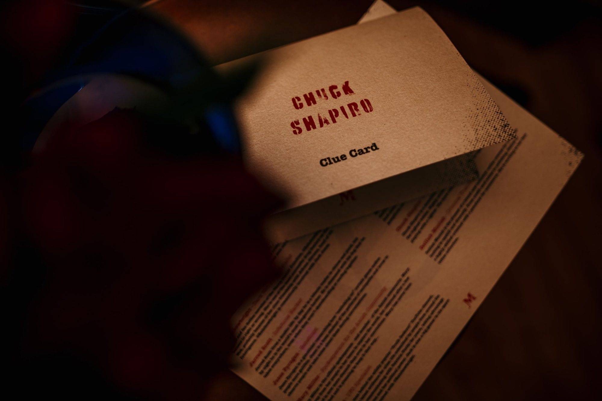 A set of clue cards for a murder mystery game