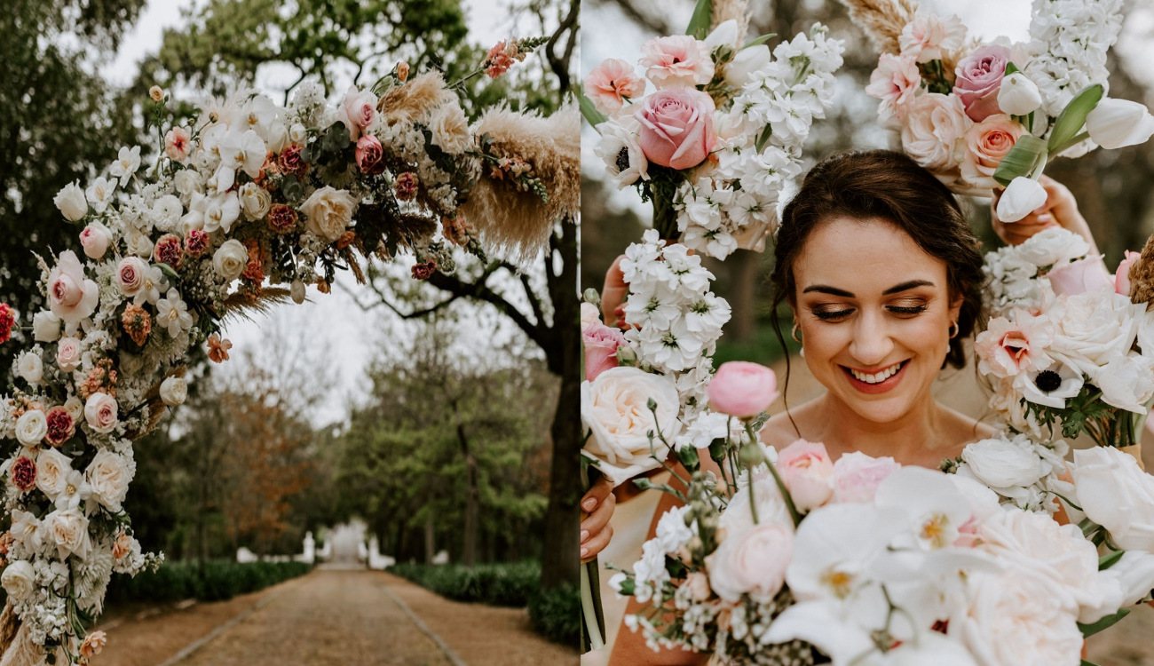 Floral arch adorned with pink and white flowers at Lanquedoc Farm
