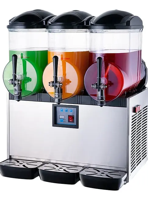 Three-container slushie machine with green, orange, and red beverages.