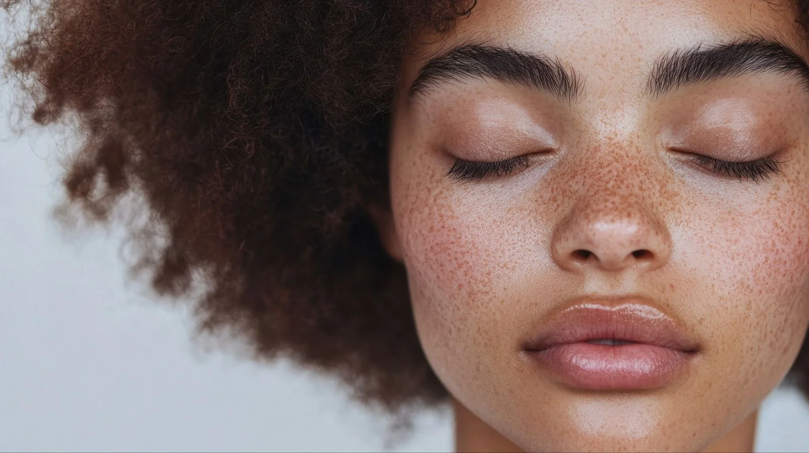 Close-up of a model's face with natural makeup and freckles