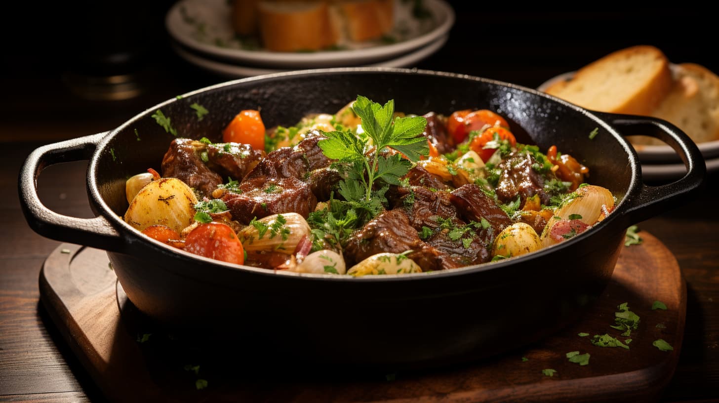 Beef stew with vegetables in a black pot garnished with parsley