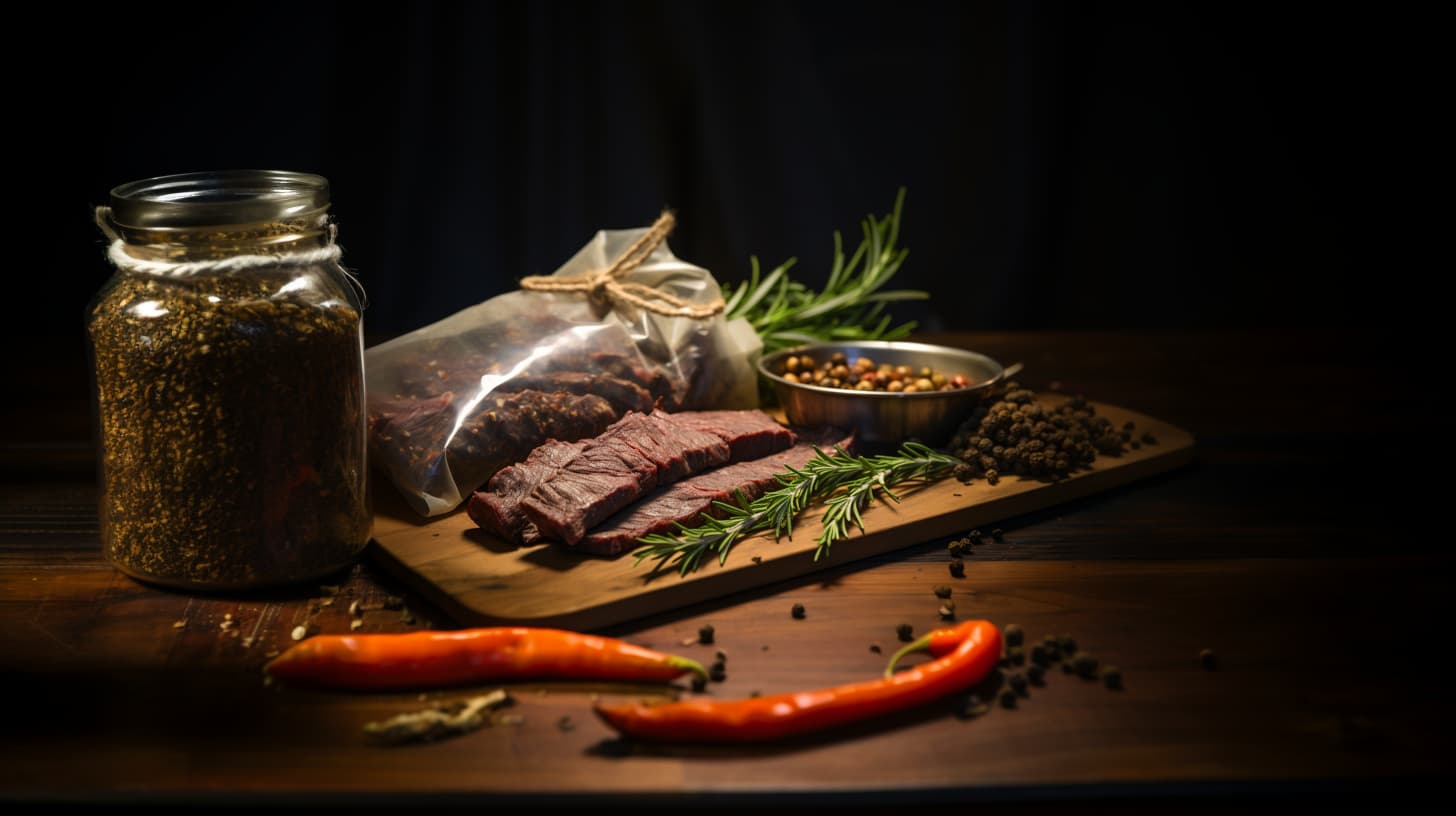Dried meat strips, herbs, spices, and a jar on a wooden board.