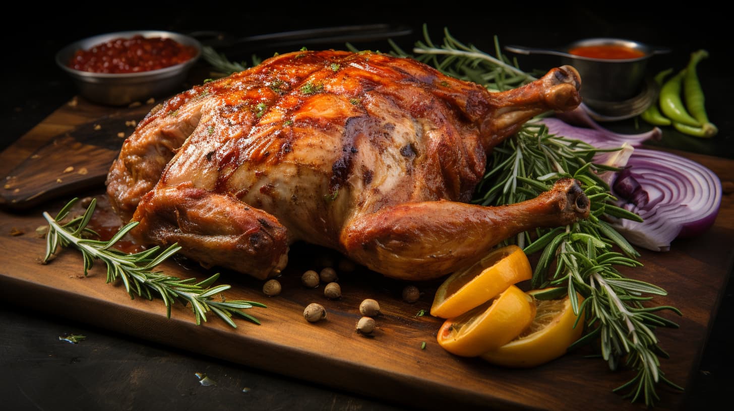 Roasted chicken with herbs and lemon on wooden board