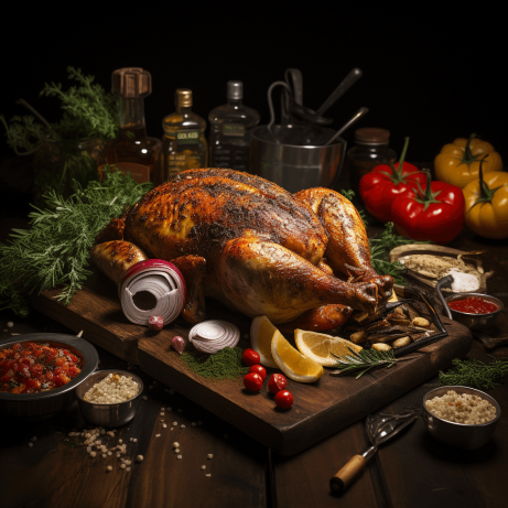 Whole roasted chicken on a wooden board with herbs and vegetables.