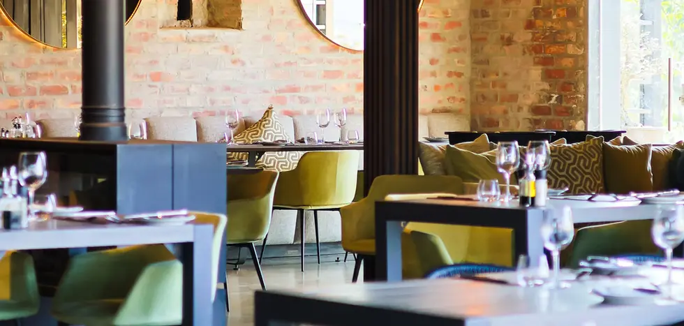 Stylish dining area with modern decor and seating.