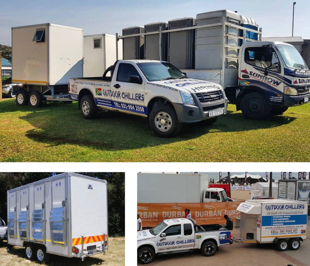 Mobile cold room and portable toilets displayed outdoors.