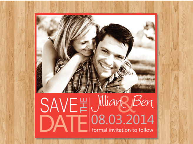 Save the date card featuring a couple with details of the event