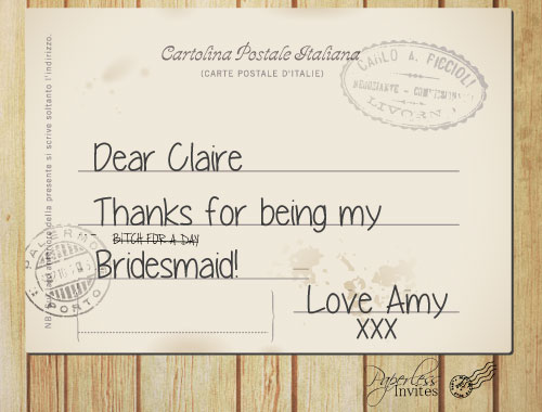 Vintage thank you postcard for a bridesmaid.