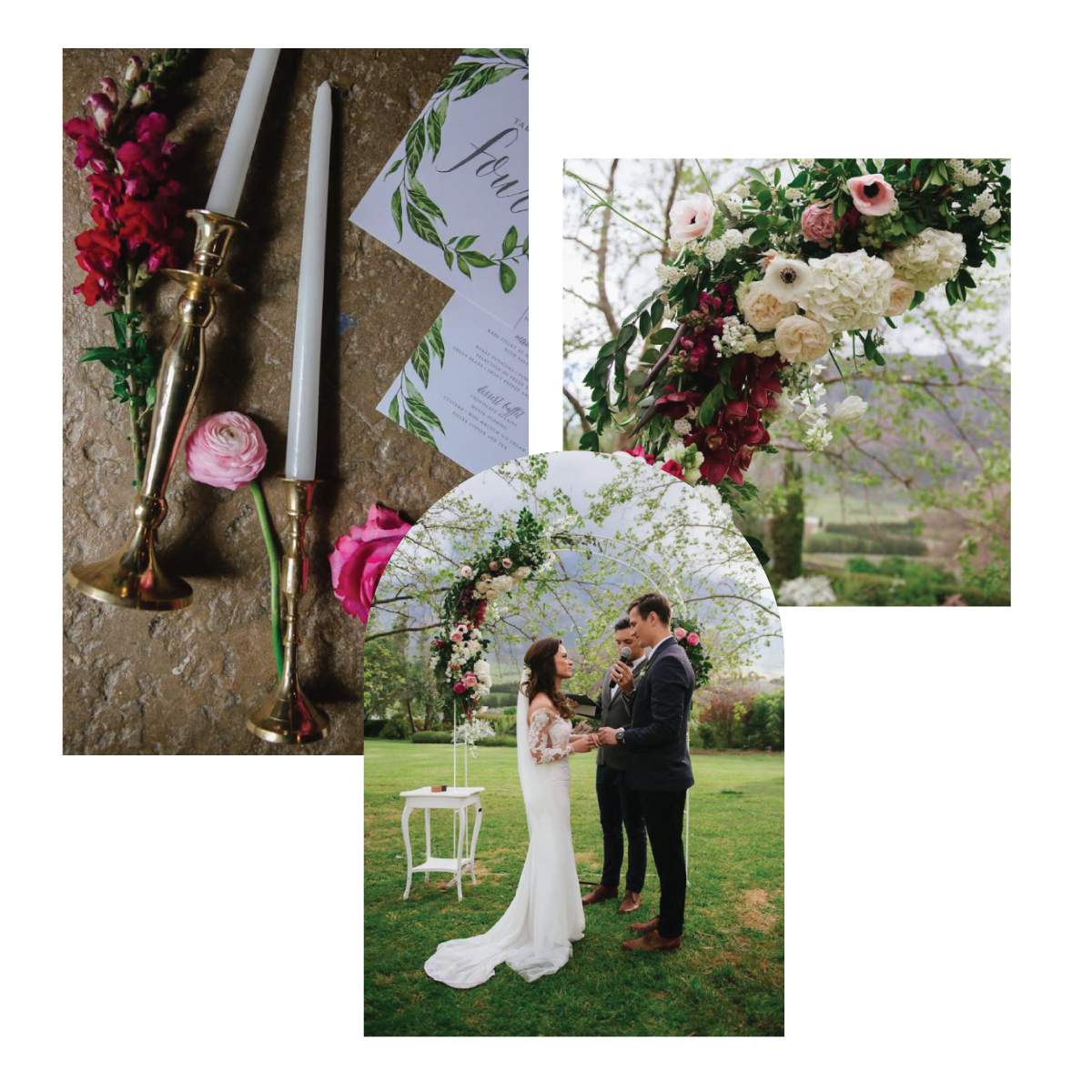 Styled wedding stationery with candles and floral arrangements.