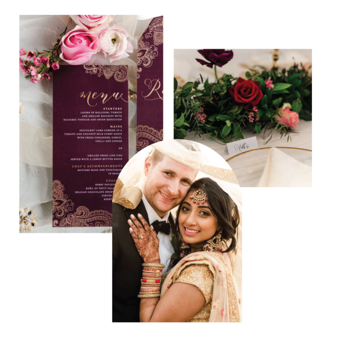 Elegant custom menu design featuring floral accents and rich colors.