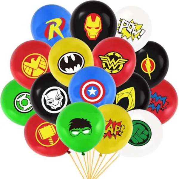 Colorful superhero-themed balloons featuring various comic icons