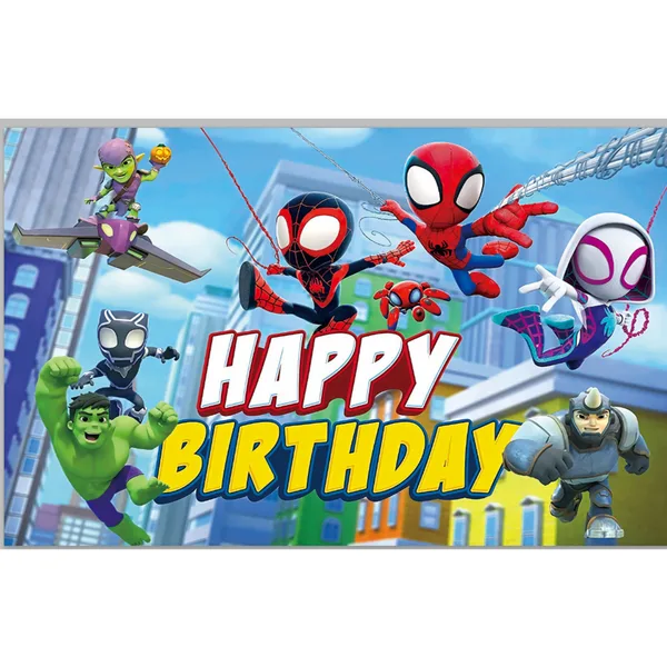 Colorful superhero birthday banner with characters