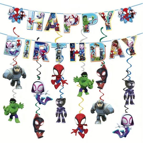 Colorful superhero birthday banner with decorations