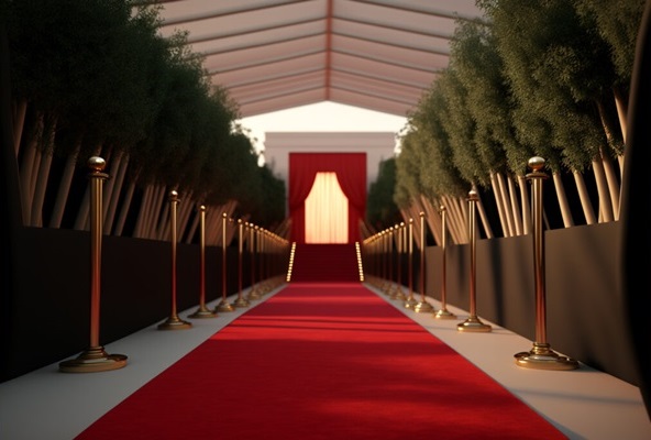 Red carpet entrance with stanchions and greenery