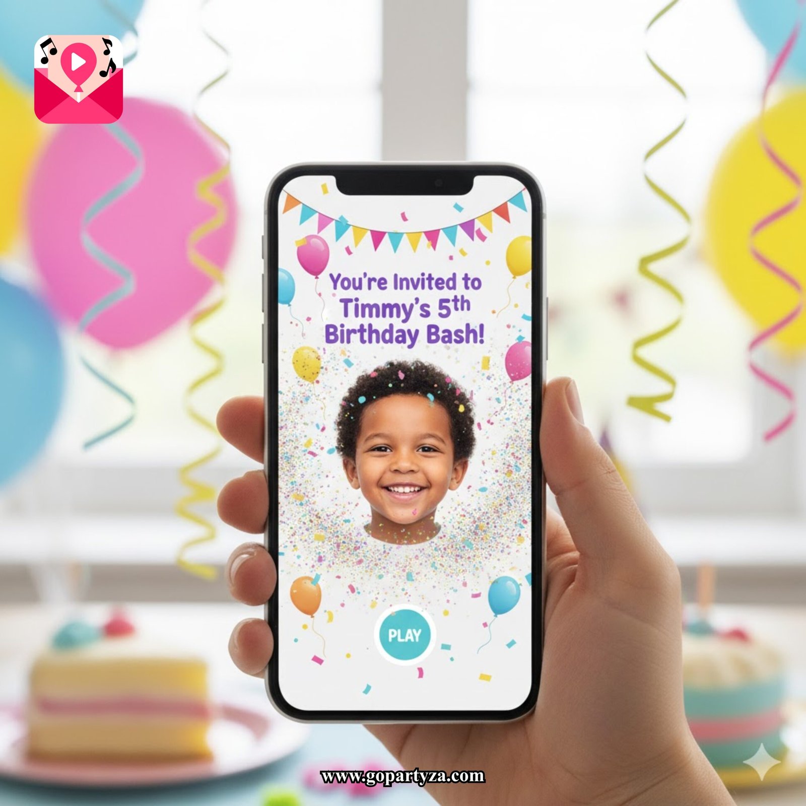 A colorful video invitation for a child's birthday party on a smartphone