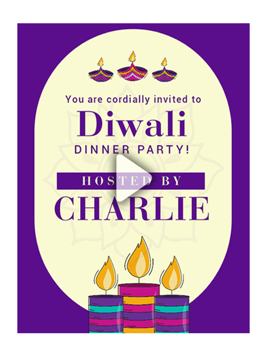 Diwali dinner party video invitation design featuring candles and decorative elements.