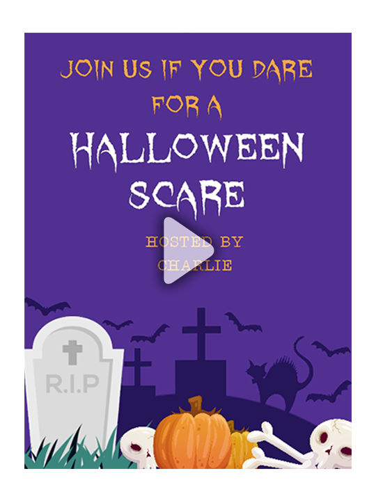 Halloween video invitation graphic with spooky elements