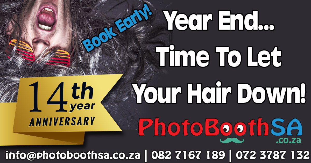 Graphic promoting PhotoBoothSA's 14th anniversary with booking information.