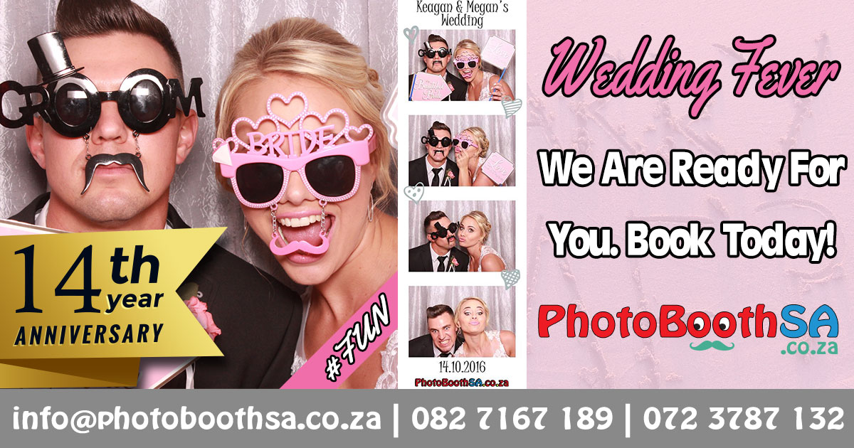 Image promoting wedding photo booth services with couple in fun props