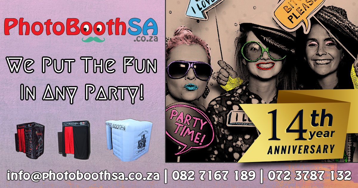 PhotoBoothSA anniversary graphic with booths and text