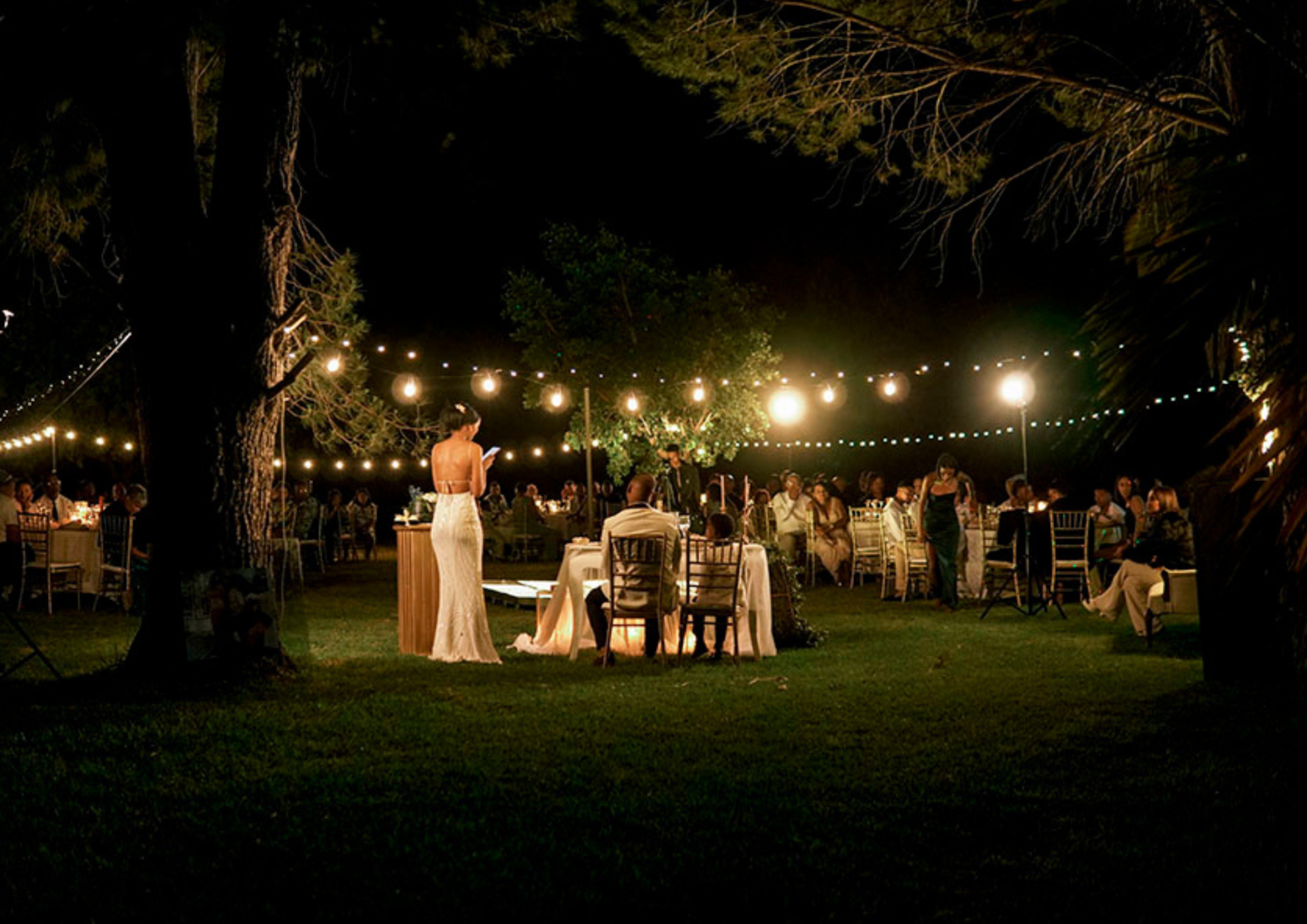 Outdoor wedding reception with guests at illuminated tables