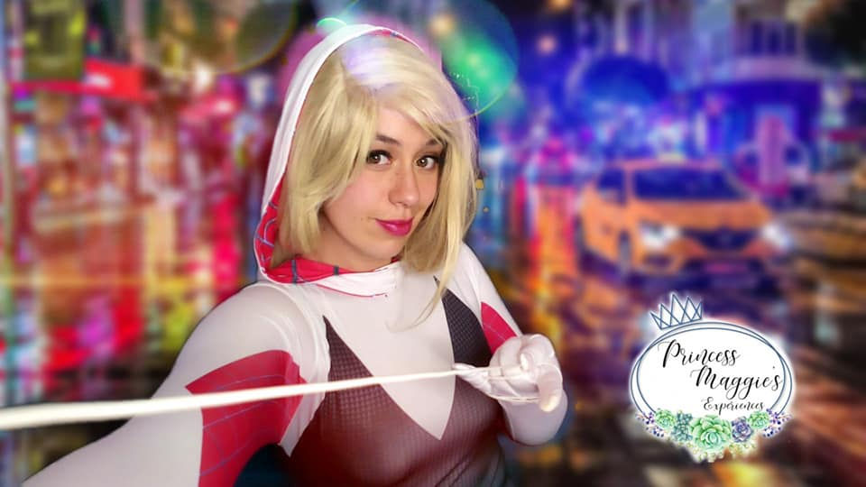 A performer dressed as Spider-Gwen in a vibrant setting
