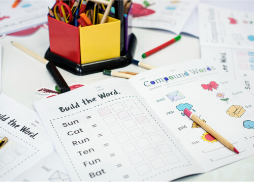Colorful learning materials and supplies on a table
