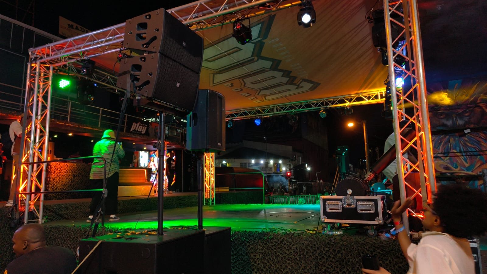Stage with lighting and sound equipment in a performance space