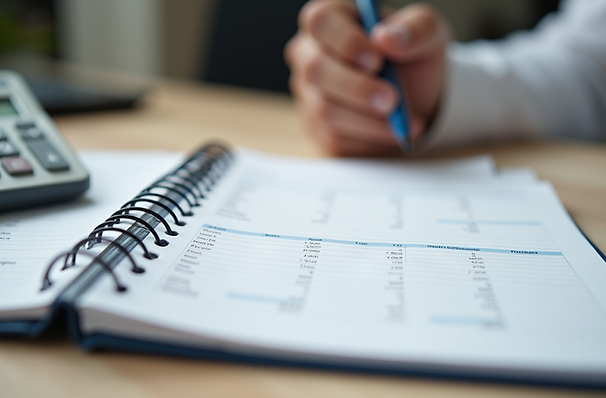 Close-up of a planner with notes and a calculator.