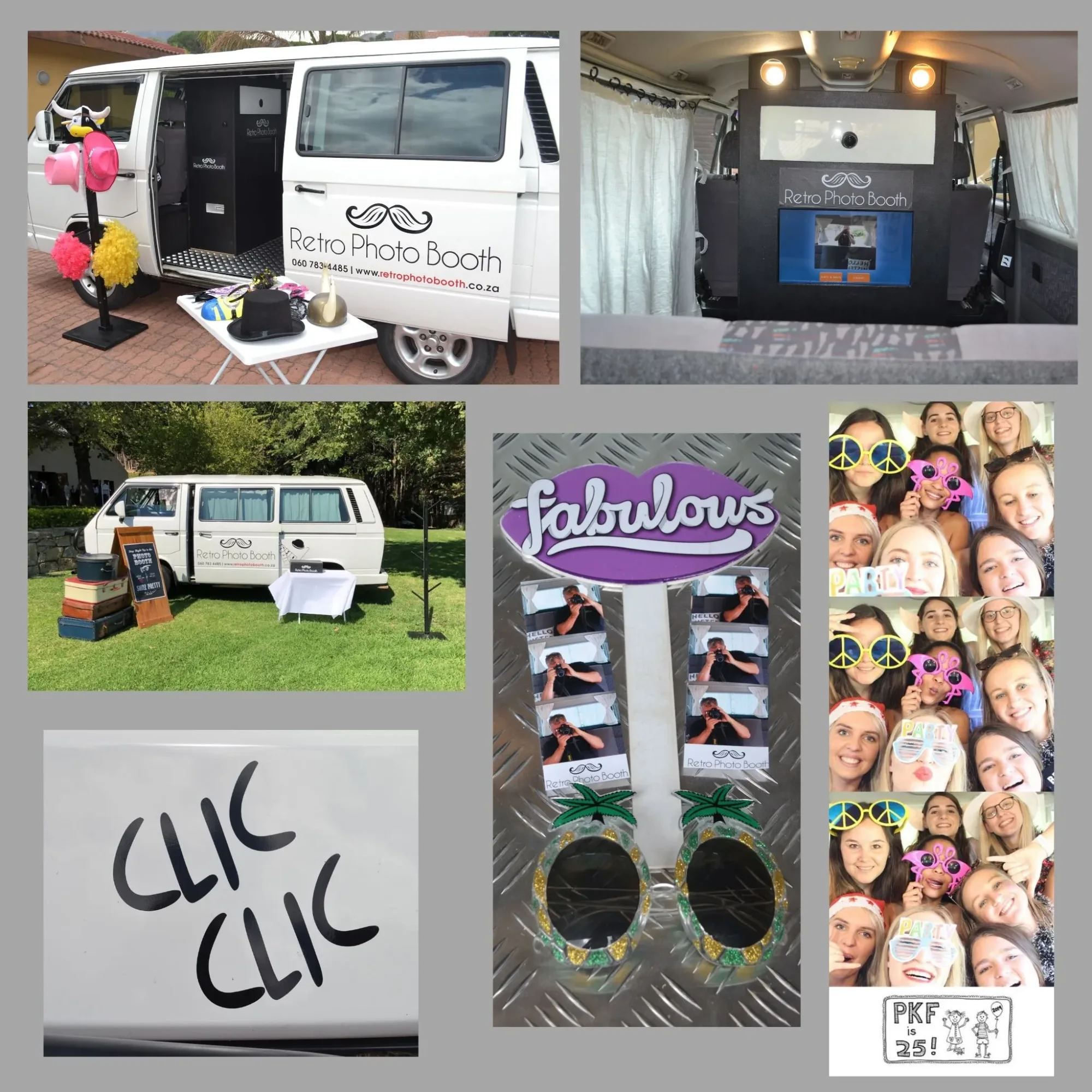 VW Microbus photo booth with props and signage