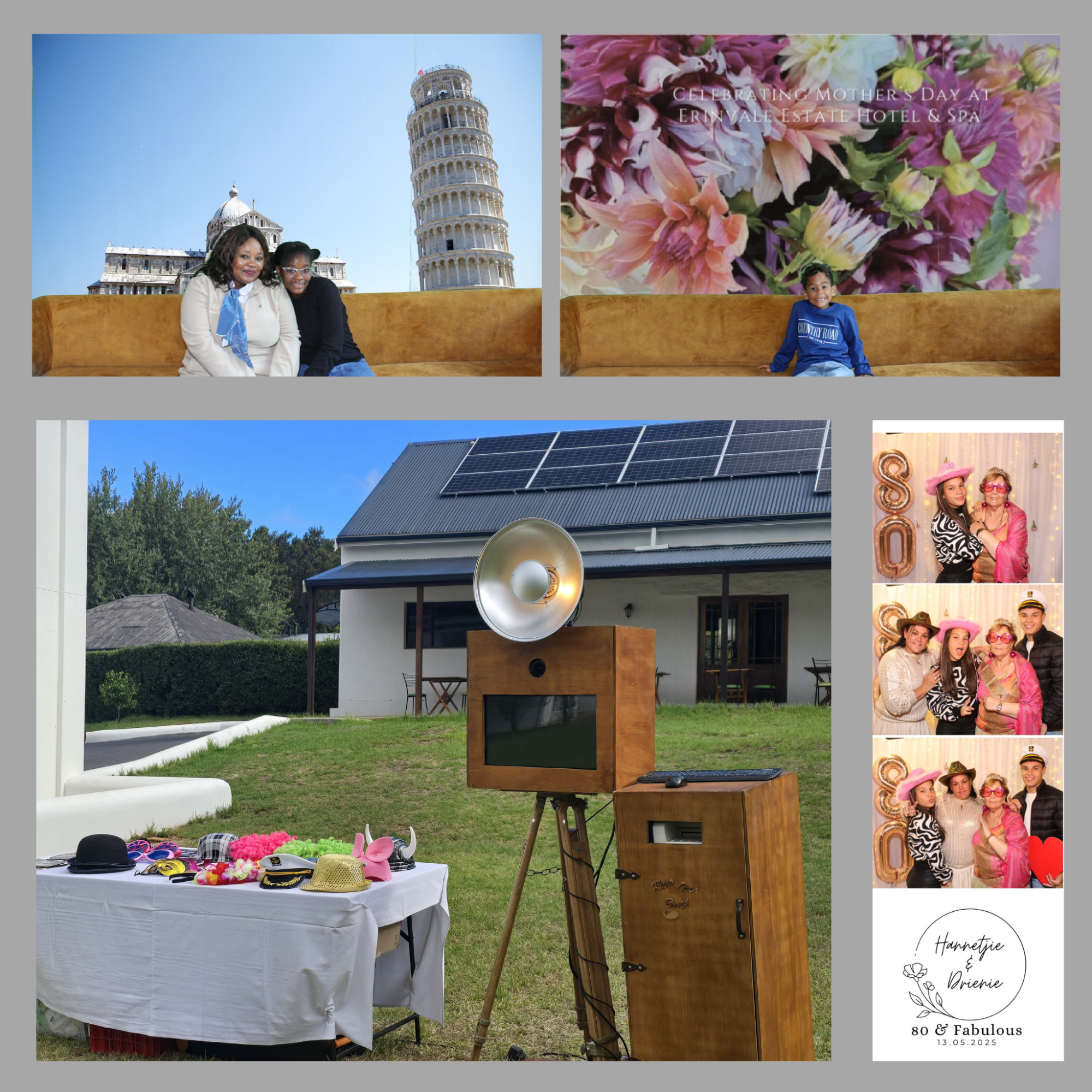 Vintage photo booth with props and backdrop at an outdoor event