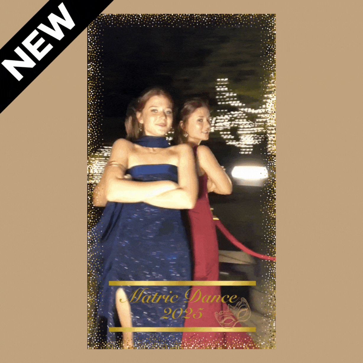 Two young women posing confidently in formal dresses at a photo booth