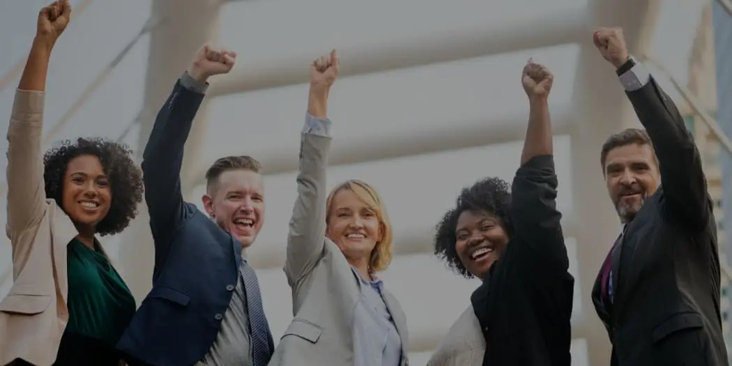 Group celebrating at a corporate event photo booth