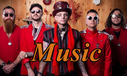 A lively band performing in red attire.