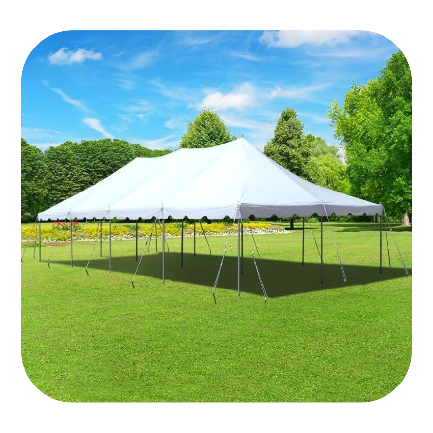 Large white frame tent set up on a grassy area