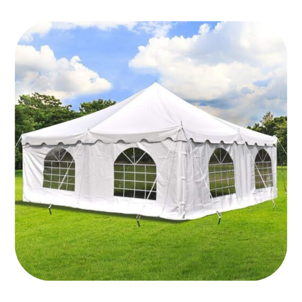 White frame tent with large windows set on grass