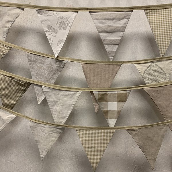 Bunting made of various fabric patterns and textures