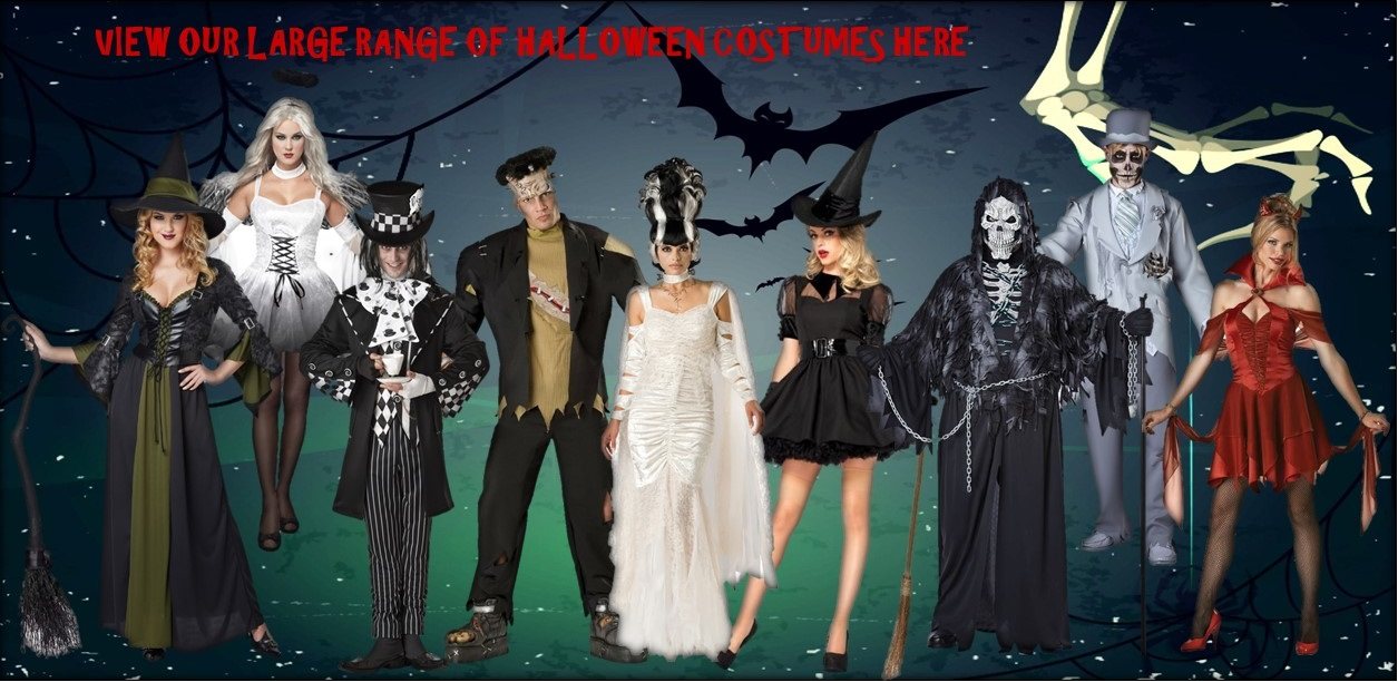 Varied Halloween costumes displayed on a dark background