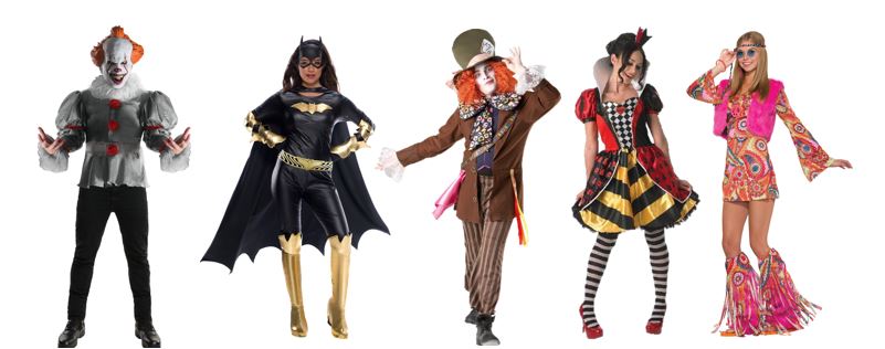 Five diverse costumes displayed, including a clown and superhero.