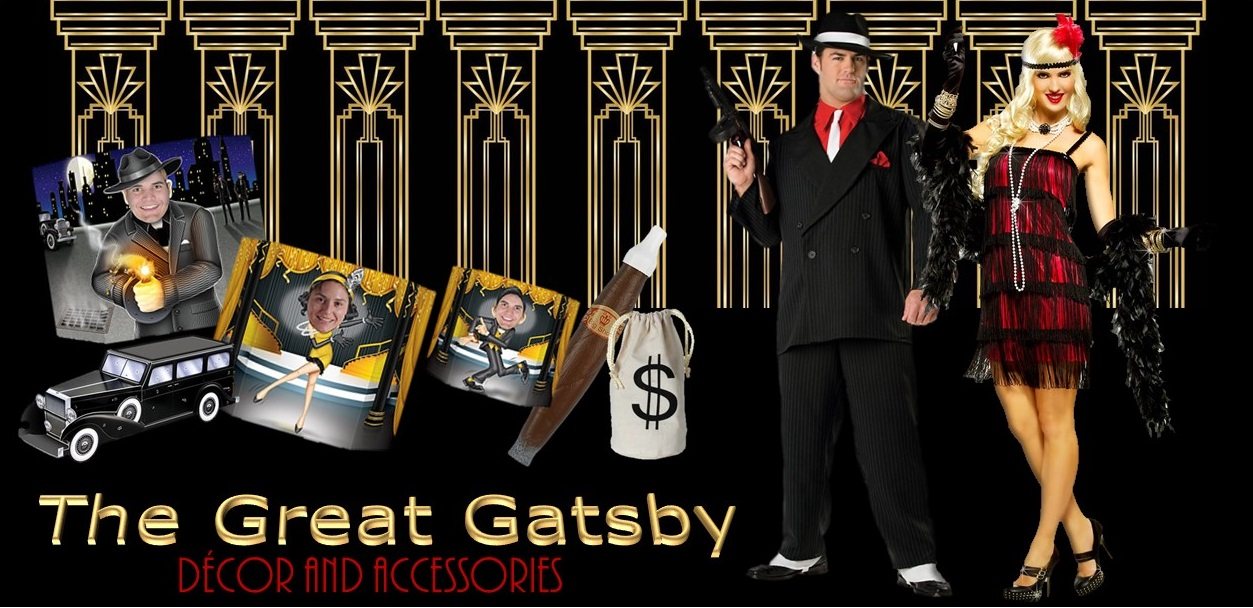 Gatsby-themed decor with costumes, vintage car, and accessories.